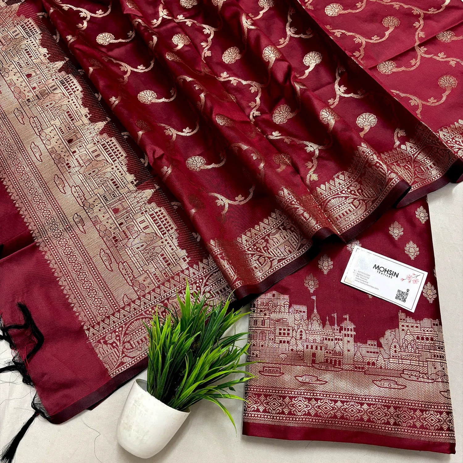 Maroon Assi Ghat Mandir Semi Katan Silk Banarasi Suit