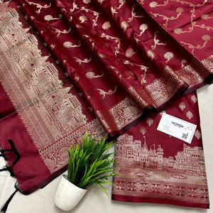Maroon Assi Ghat Mandir Semi Katan Silk Banarasi Suit