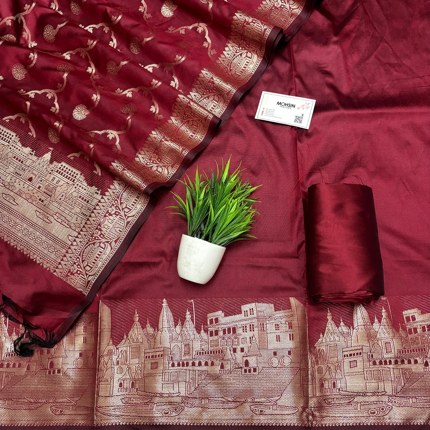 Maroon Assi Ghat Plain Semi Katan Silk Banarasi Suit