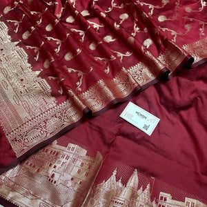 Maroon Assi Ghat Plain Semi Katan Silk Banarasi Suit