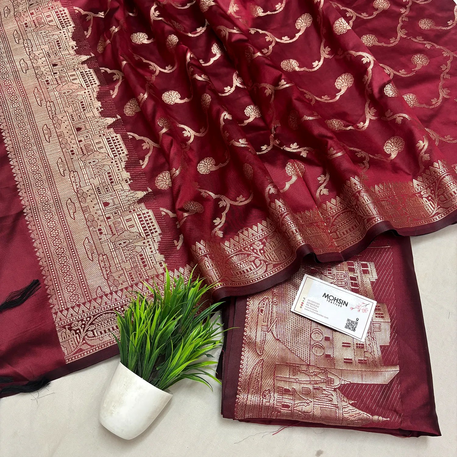Maroon Assi Ghat Plain Semi Katan Silk Banarasi Suit