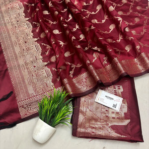 Maroon Assi Ghat Plain Semi Katan Silk Banarasi Suit