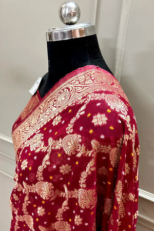 Maroon Bandehj Georgette Silk Banarasi Saree