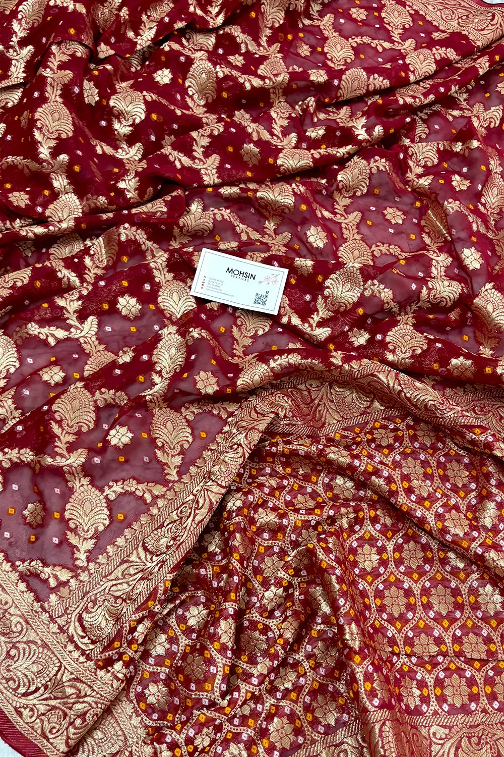 Maroon Bandehj Georgette Silk Banarasi Saree