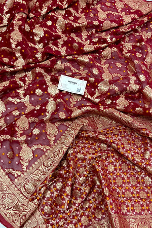 Maroon Bandehj Georgette Silk Banarasi Saree