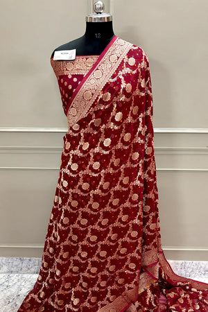 Maroon Bandhej Georgette Silk Banarasi Saree