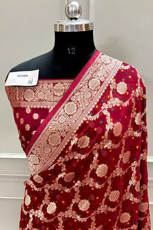 Maroon Bandhej Georgette Silk Banarasi Saree