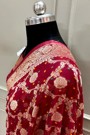 Maroon Bandhej Georgette Silk Banarasi Saree