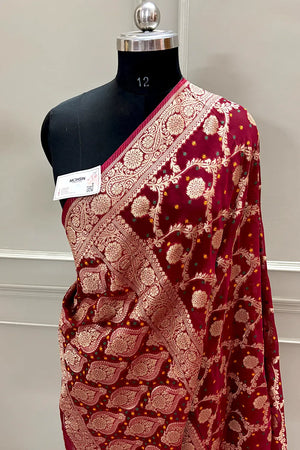 Maroon Bandhej Georgette Silk Banarasi Saree