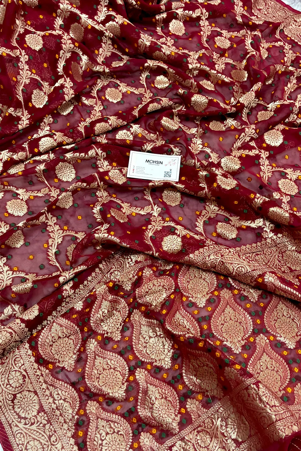 Maroon Bandhej Georgette Silk Banarasi Saree