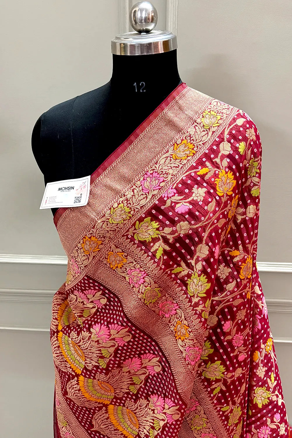 Maroon Bandhej Meena Georgette Silk Banarasi Saree