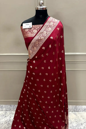 Maroon Chaman Buti Katan Mashru Silk Banarasi Saree