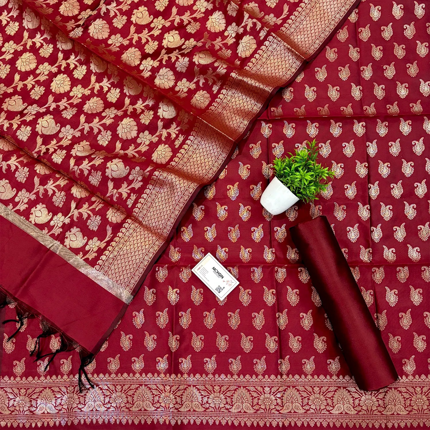 Maroon Chirag Buti Satin Silk Banarasi Suit