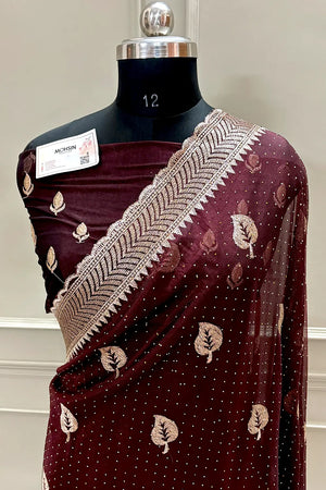 Maroon Embordiery Siroski Work Silk Saree