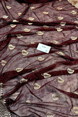 Maroon Embordiery Siroski Work Silk Saree