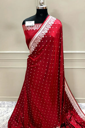 Maroon Hawahawai Buti Katan Silk Banarasi Saree