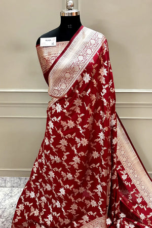 Maroon Jasmine Jaal Katan Silk Banarasi Saree