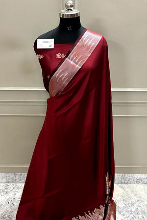Maroon Kalyug Plain Satin Silk Banarasi Saree