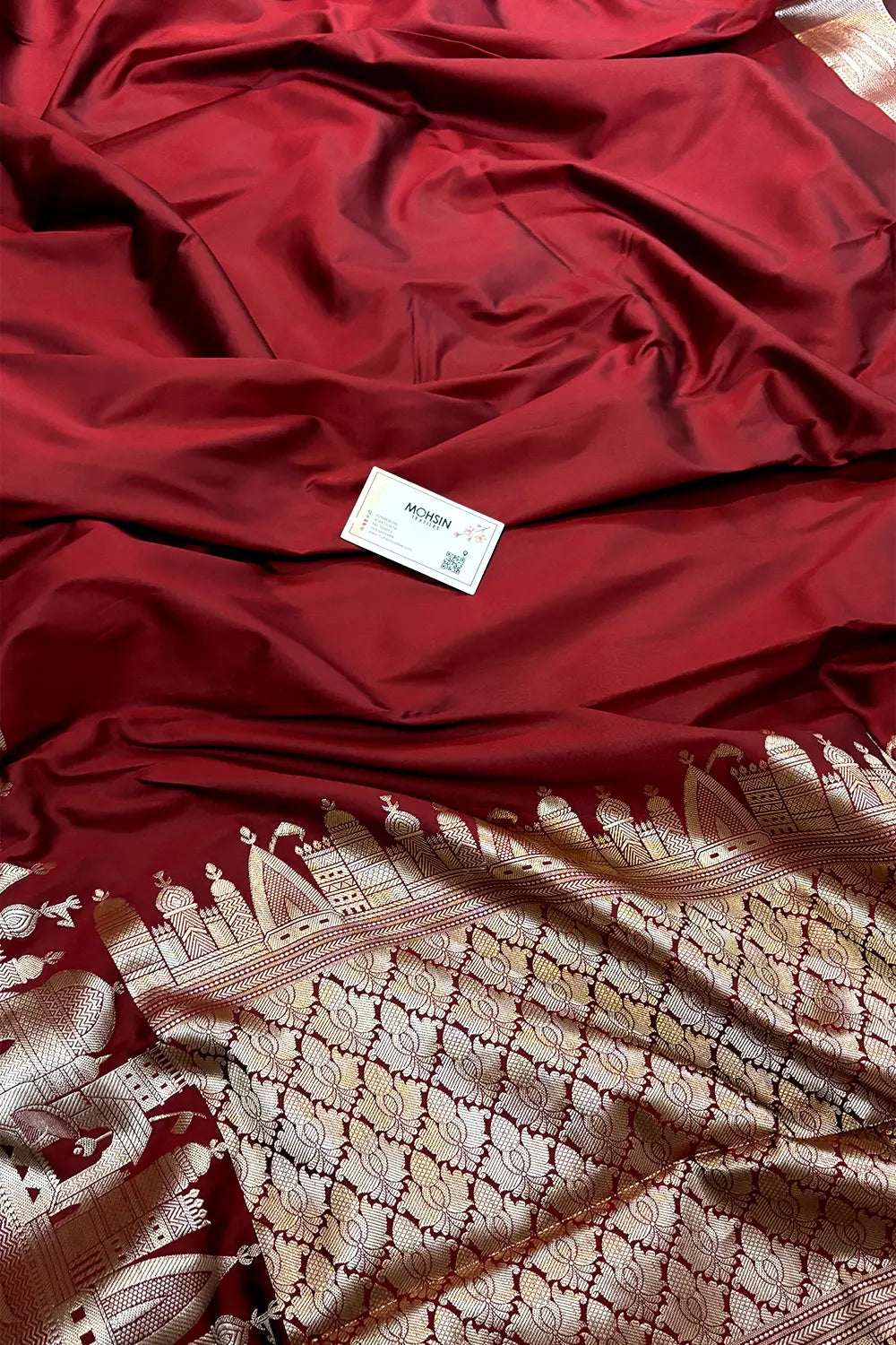 Maroon Kalyug Plain Satin Silk Banarasi Saree