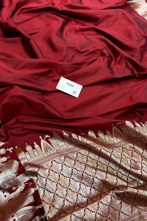 Maroon Kalyug Plain Satin Silk Banarasi Saree
