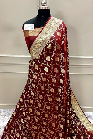 Maroon Pandaar Jaal Katan Silk Banarasi Saree