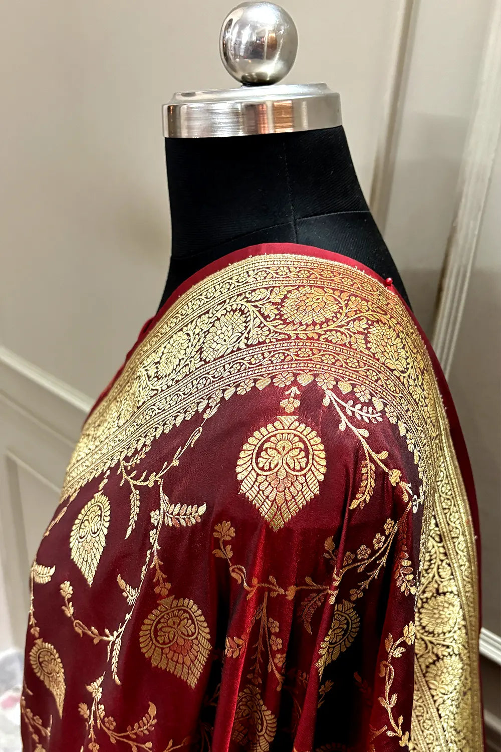 Maroon Pandaar Jaal Katan Silk Banarasi Saree