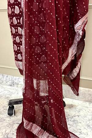 Maroon Patta Pure Georgette Silk Banarasi Suit