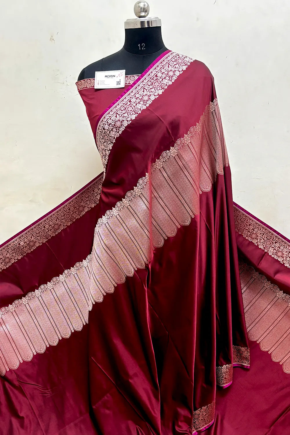 Maroon Plain Katan Mashru Silk Banarasi Saree