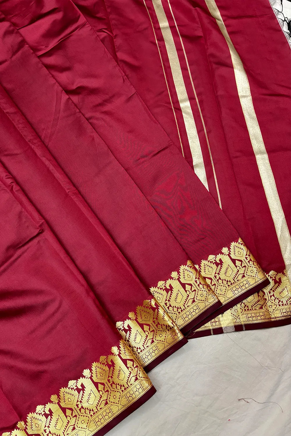 Maroon Plain Semi Katan Silk Banarasi Saree