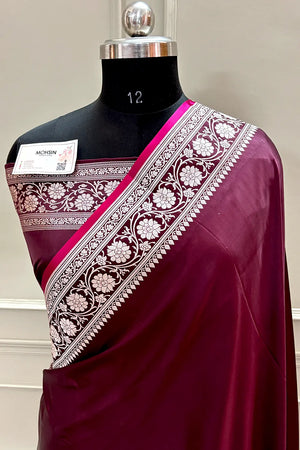 Wine Plain Zari Border Katan Silk Banarasi Saree