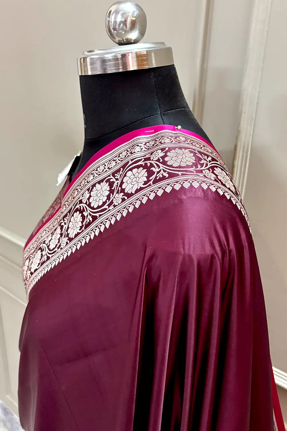 Wine Plain Zari Border Katan Silk Banarasi Saree