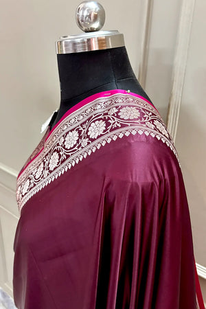 Wine Plain Zari Border Katan Silk Banarasi Saree