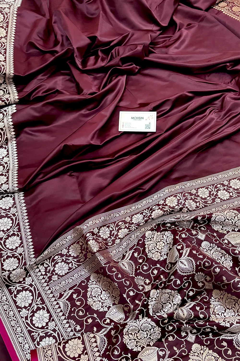 Wine Plain Zari Border Katan Silk Banarasi Saree
