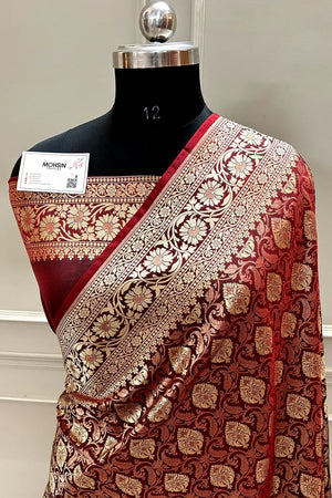 Maroon Rajvada Buti Katan Silk Banarasi Saree