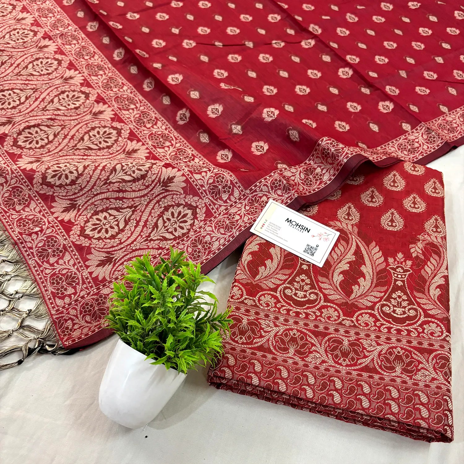 Maroon Surahi Buti Cotton Silk Banarasi Suit 