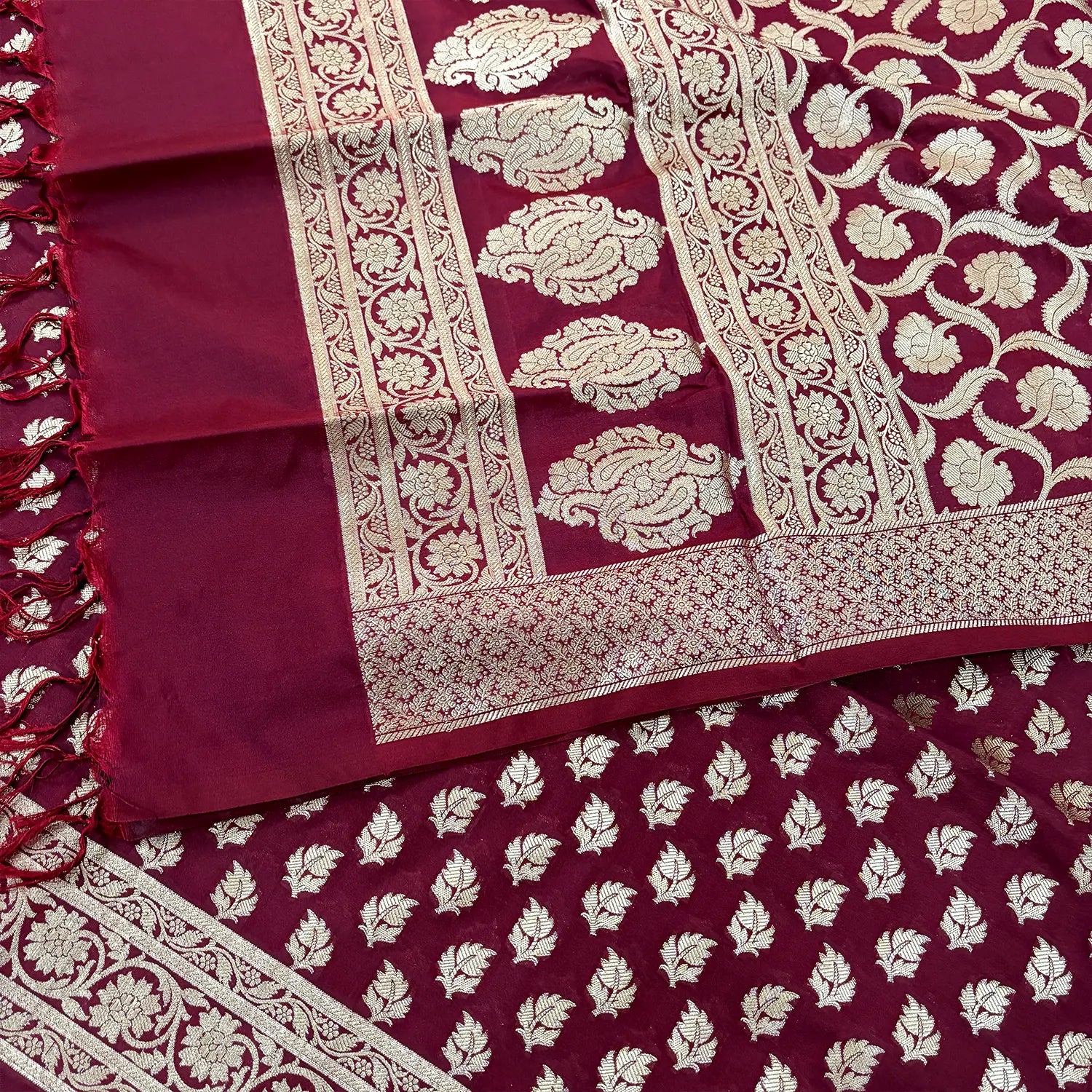 Maroon Tedhi Patti Katan Silk Banarasi Suit
