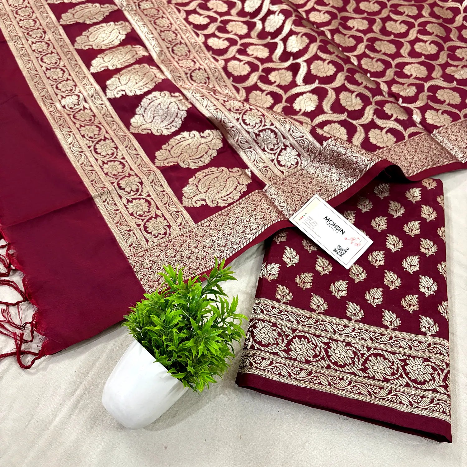 Maroon Tedhi Patti Katan Silk Banarasi Suit