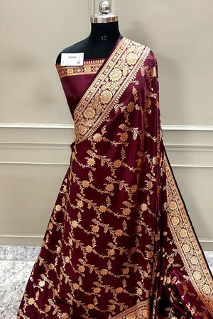 Maroon Zari Katan Satin Silk Banarasi Saree