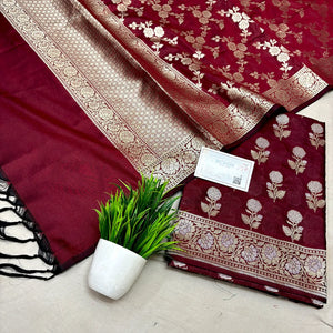 Maroon Zari Katan Silk Banarasi Suit