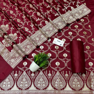 Maroon Zari Katan Silk Banarasi Suit