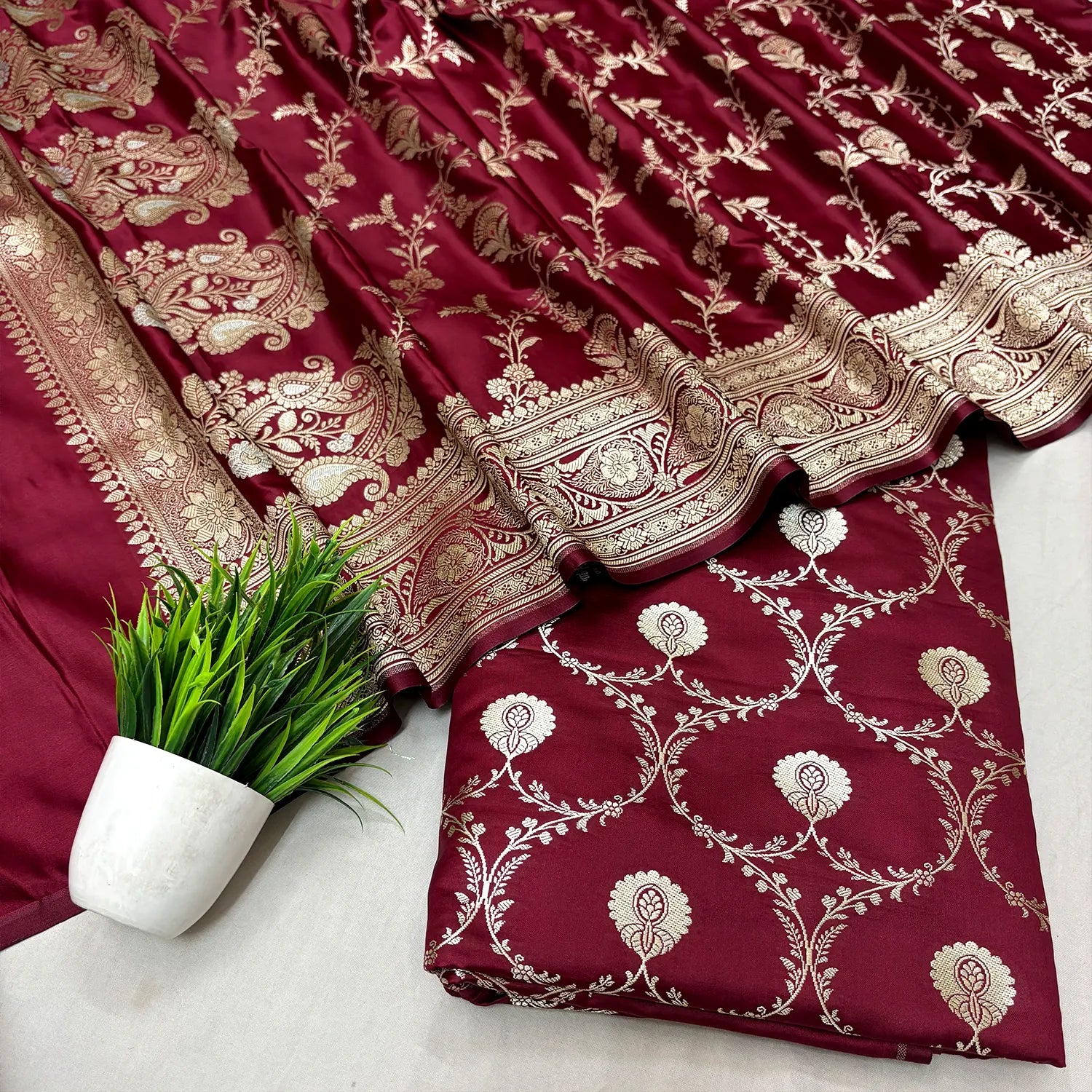 Maroon Zari Katan Silk Banarasi Suit