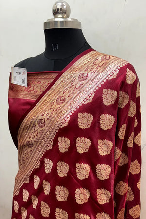 Maroon Zari Satin Silk Banarasi Saree