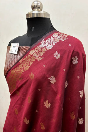 Maroon Zari Semi Katan Silk Banarasi Saree