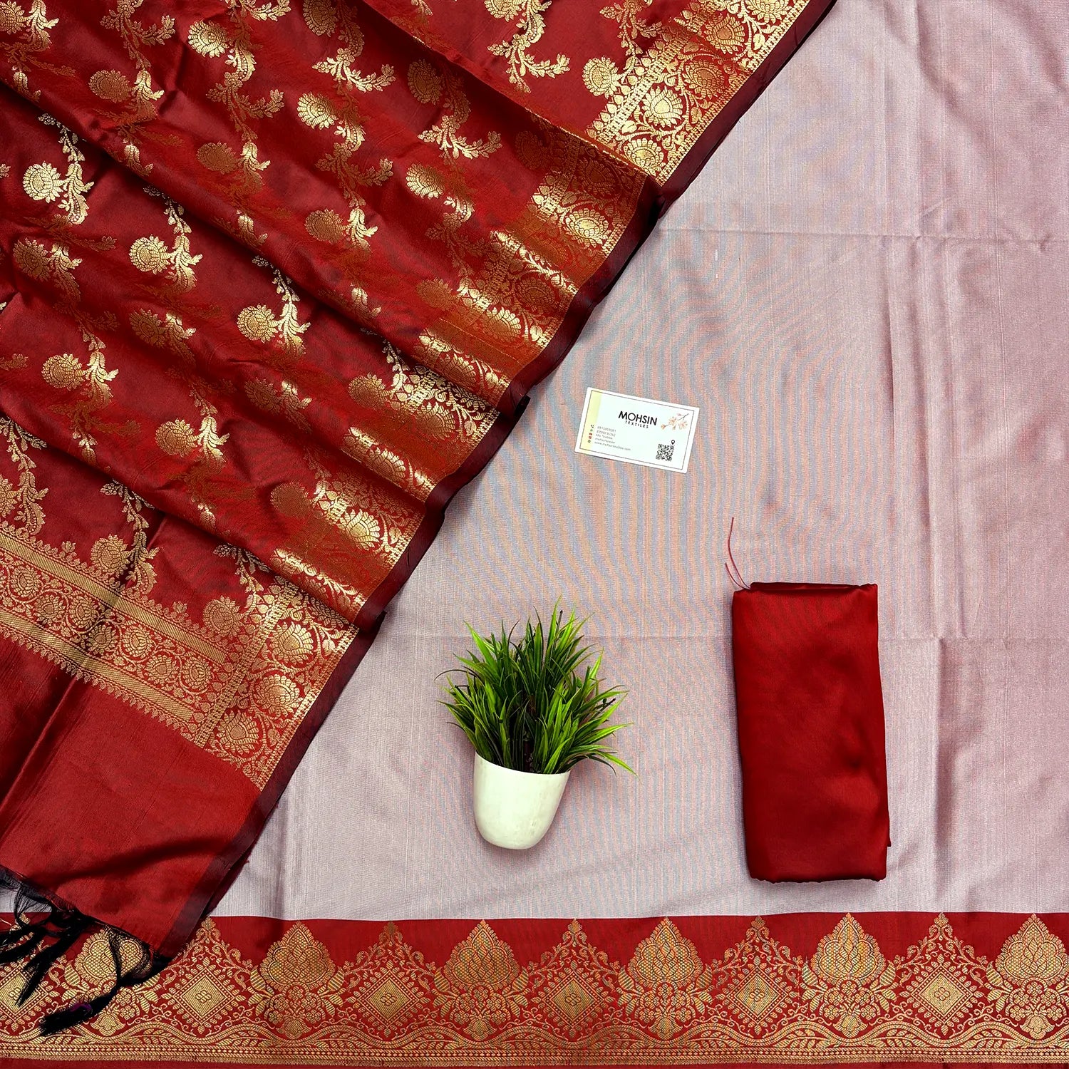 Mauve and Red Plain Semi Katan Silk Banarasi Silk Suit