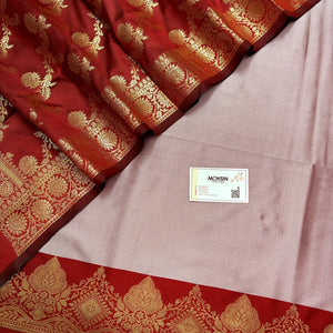 Mauve and Red Plain Semi Katan Silk Banarasi Silk Suit
