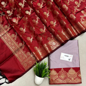 Mauve and Red Plain Semi Katan Silk Banarasi Silk Suit