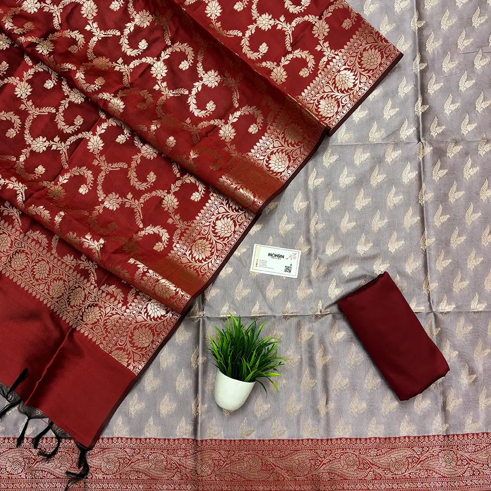 Mauve and Red Semi Katan Silk Banarasi Suit
