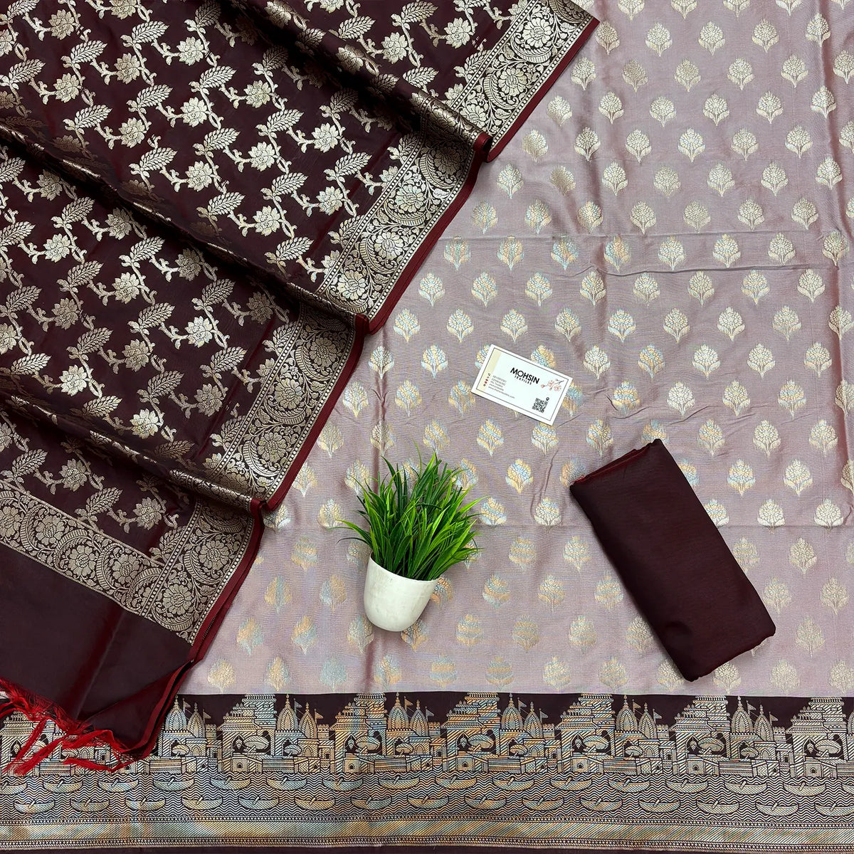 Mauve and Wine Ghat Buti Semi Katan Silk Banarasi Suit