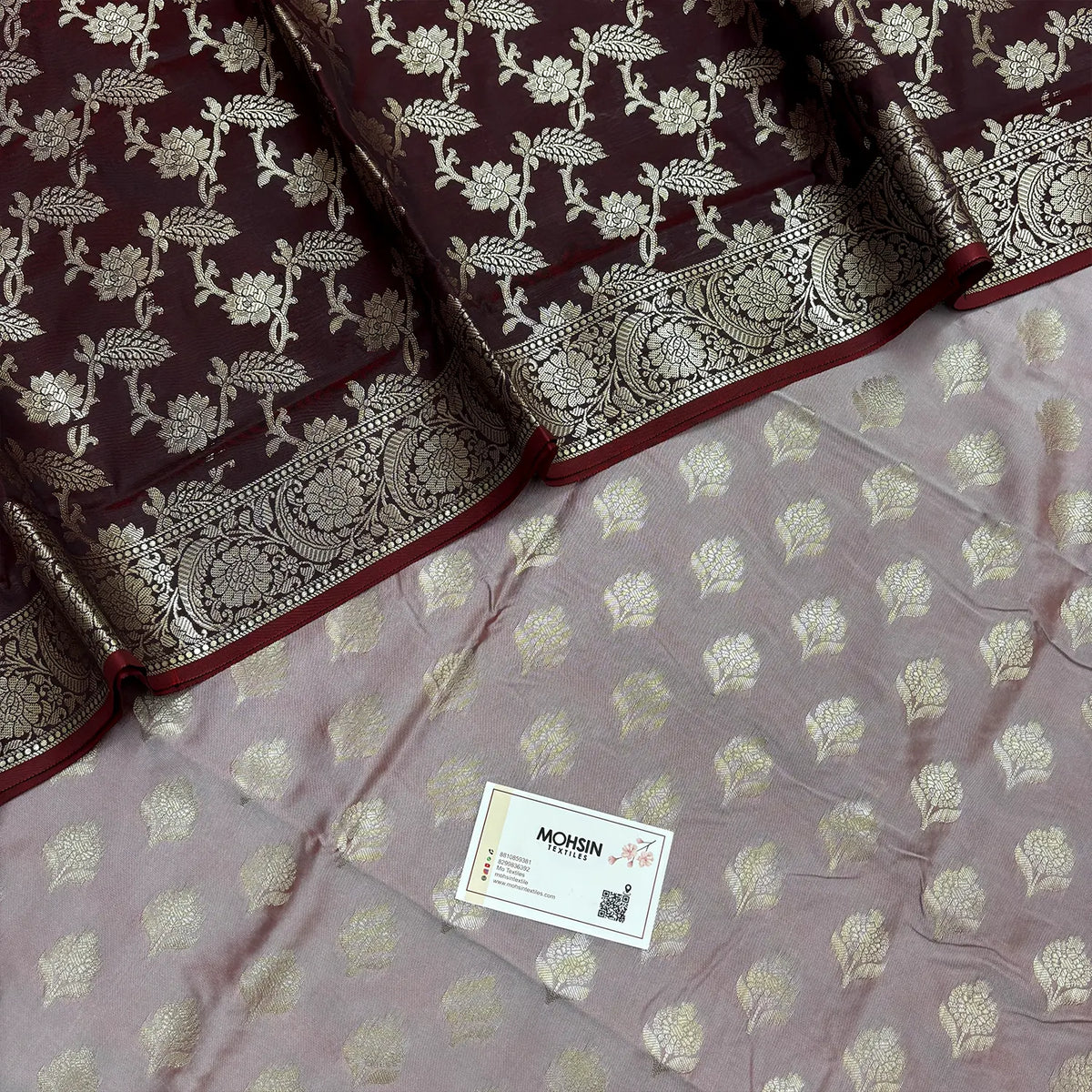 Mauve and Wine Ghat Buti Semi Katan Silk Banarasi Suit