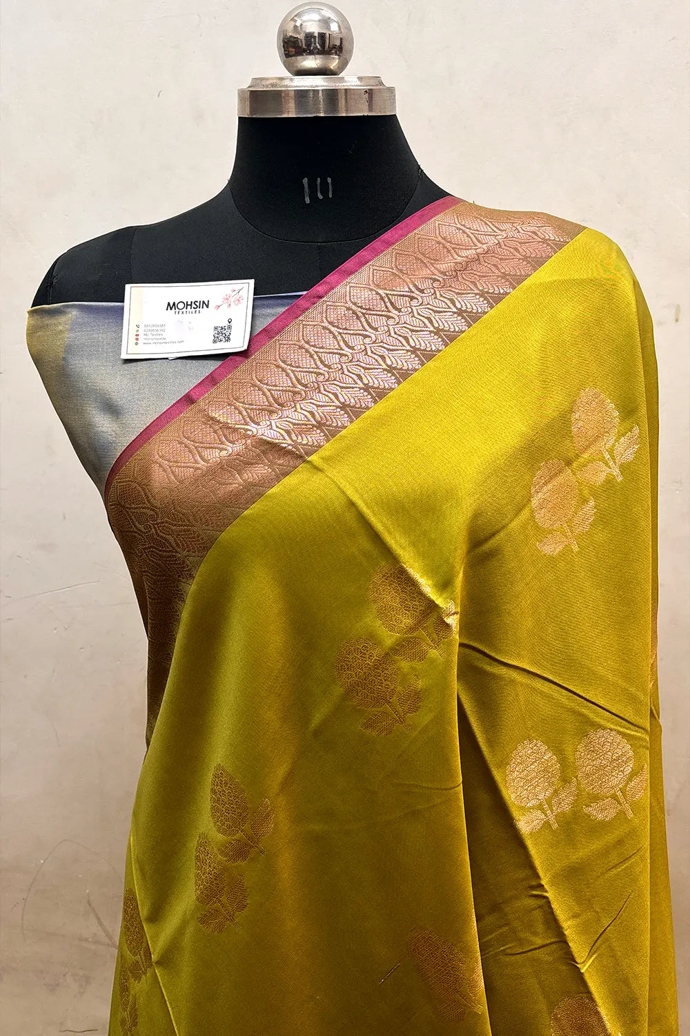 Mehendi and Blue Zari Semi Katan Silk Banarasi Saree